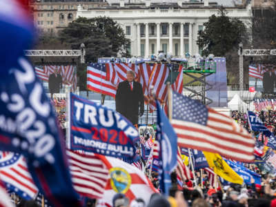 President Donald Trump is seen on a screen as his supporters cheer during a rally on the National Mall on January 6, 2021, in Washington, D.C.