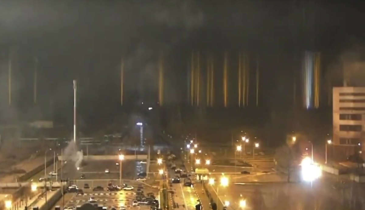 A screen grab captured from a video shows a view of Zaporizhzhia nuclear power plant during a fire following clashes around the site in Zaporizhzhia, Ukraine, on March 4, 2022.
