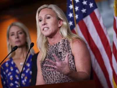 Rep. Marjorie Taylor Greene, joined by members of the Freedom Caucus, speaks at a news conference at the U.S. Capitol on September 22, 2021, in Washington, D.C.