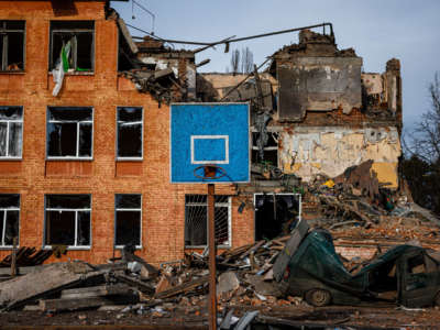 This photograph taken on March 4, 2022, shows a school building damaged by shelling in the city of Chernihiv in Ukraine.