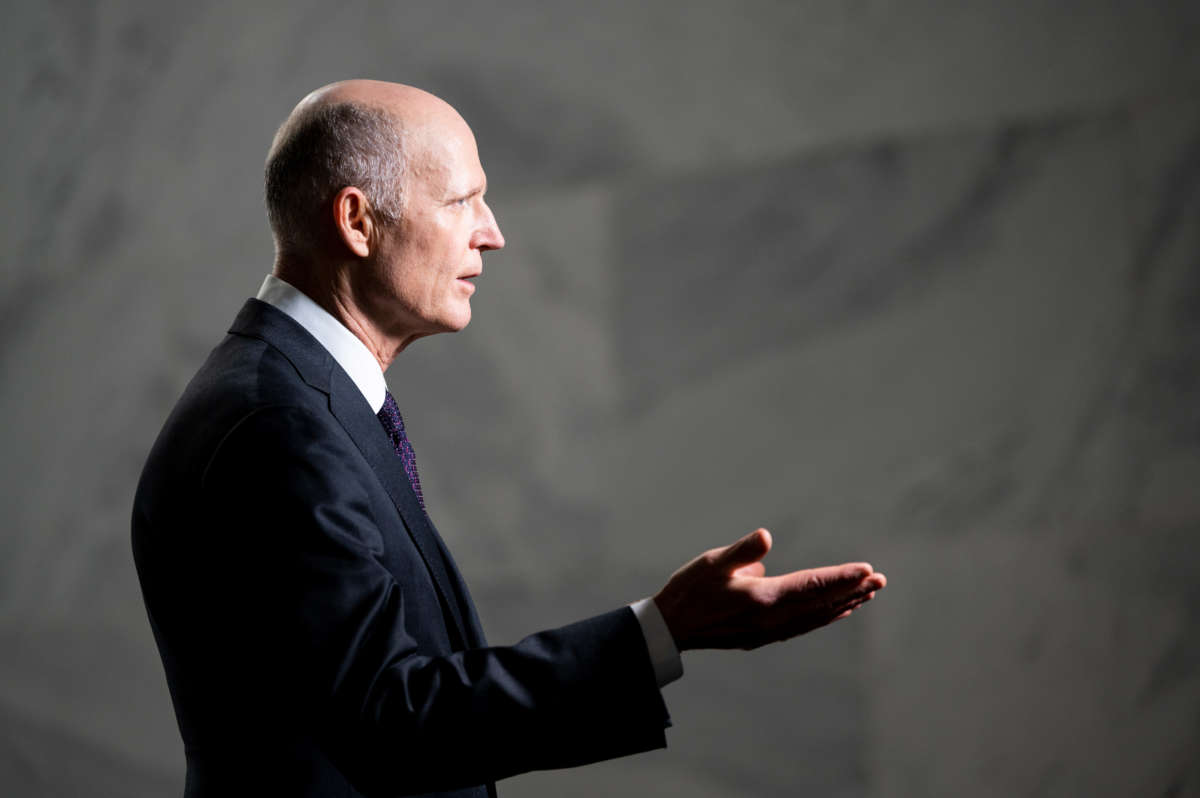 Sen. Rick Scott does a TV news interview in the Hart Senate Office Building on March 8, 2022.