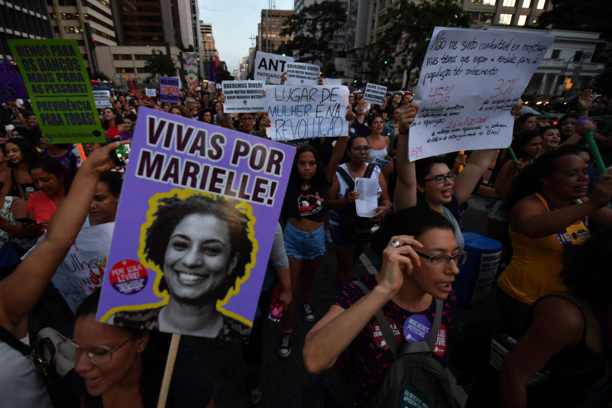 Rio de Janeiro's councillor and activist Marielle Franco is remembered during a demonstration to mark International Women's Day in Sao Paulo, Brazil, on March 8, 2019.