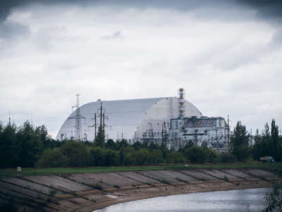 A giant protective dome covers the destroyed fourth reactor of the Chernobyl Nuclear Power Plant.