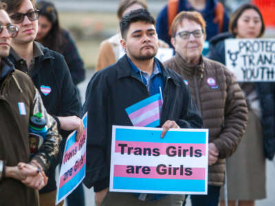 More than 100 people rallied at the state capitol in Boise, Idaho, in support of transgender students and athletes on March 4, 2020.