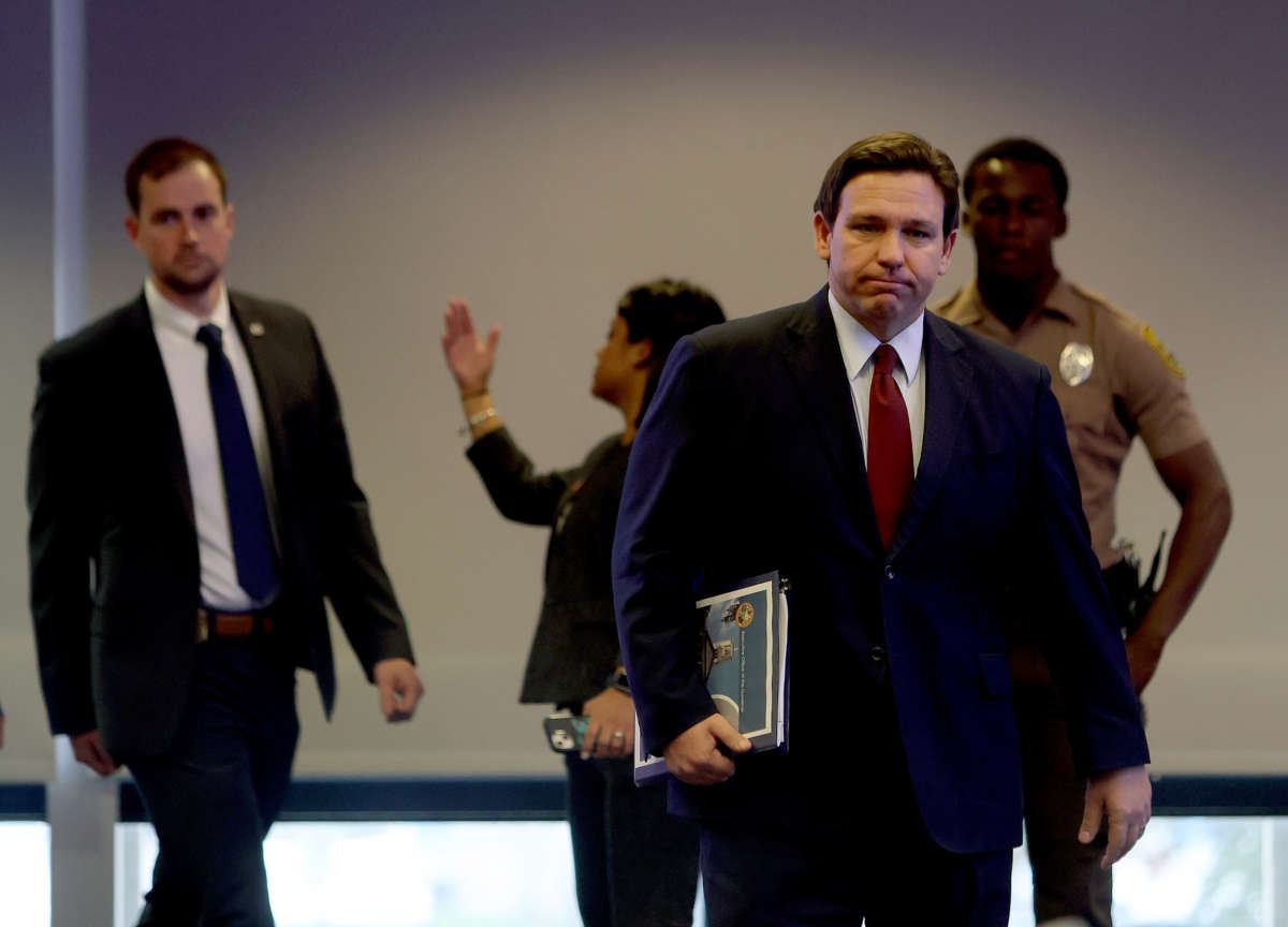 Florida Gov. Ron DeSantis arrives for a press conference at the Miami Dade College’s North Campus on January 26, 2022, in Miami, Florida.