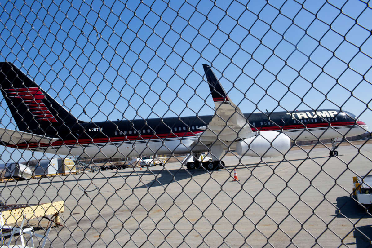 Donald Trump's personal 757 airplane sits at the edge of a runway in need of repairs, where it has been unused since Joe Biden's inauguration, on March 22, 2021, at Stewart Airport outside Newburgh, New York.