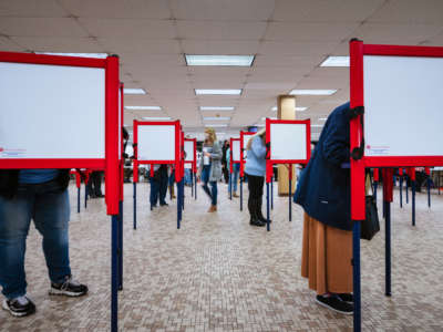 Voters stand at ballot boxes and cast their votes at Fairdale High School on November 3, 2020, in Louisville, Kentucky.