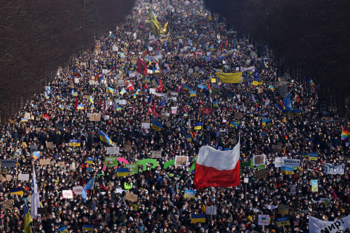 Tens of thousands of people gather in Tiergarten Park to protest against the ongoing war in Ukraine on February 27, 2022, in Berlin, Germany.