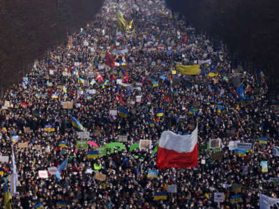 Tens of thousands of people gather in Tiergarten Park to protest against the ongoing war in Ukraine on February 27, 2022, in Berlin, Germany.