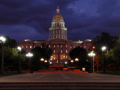 The Colorado state capitol building photographed at night