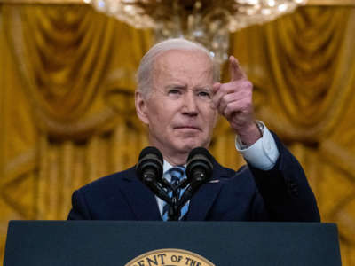 President Joe Biden takes questions after delivering remarks in the East Room of the White House on February 24, 2022, in Washington, D.C.