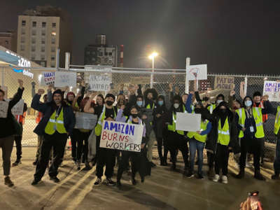 Amazonians United workers gather outside Amazon’s ZYO1 delivery station on March 16, 2022, as part of the organizations first multistate walkout in the U.S.