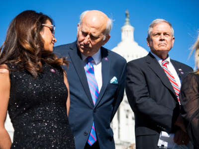 From left, Representatives Lauren Boebert, Louie Gohmert, Ralph Norman and Marjorie Taylor Greene conduct a news conference with members of the House Freedom Caucus outside the Capitol to oppose the Equality Act on February 25, 2021.