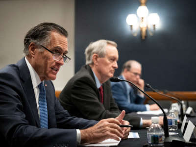 Sen. Mitt Romney speaks during a roundtable discussion with Republican senators and economists about the Democrat's social policy spending bill on Capitol Hill on November 30, 2021, in Washington, D.C.