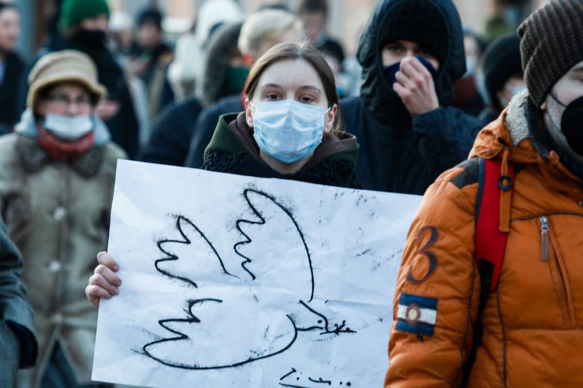 Participants of a rally in the center of St. Petersburg, Russia, protest against military actions on the territory of Ukraine on February 27, 2022.