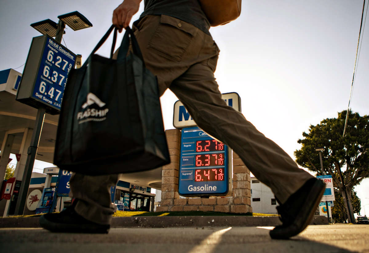 Gas prices are displayed at a station in Los Angeles, California, on March 13, 2022.