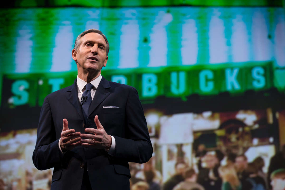 Starbucks Chairman and CEO Howard Schultz speaks during Starbucks annual shareholders meeting March 18, 2015, in Seattle, Washington.