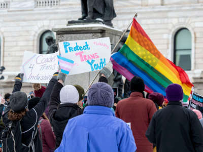 Minnesotans hold a rally at the capitol to support trans kids effected by anti-trans legislation in Minnesota, Texas, and around the country, in St. Paul, Minnesota, on March 6, 2022.