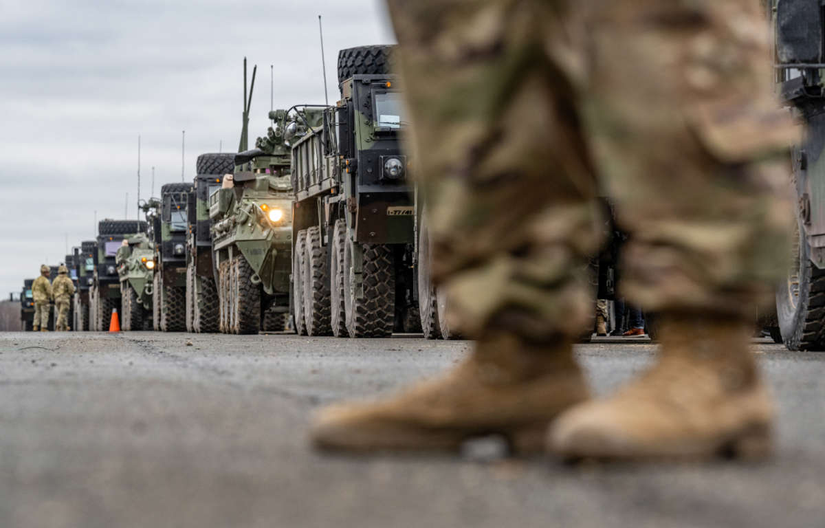 U.S. Army vehicles stand on the grounds of the Grafenwoehr military training area in Bavaria, Vilseck, on February 9, 2022.