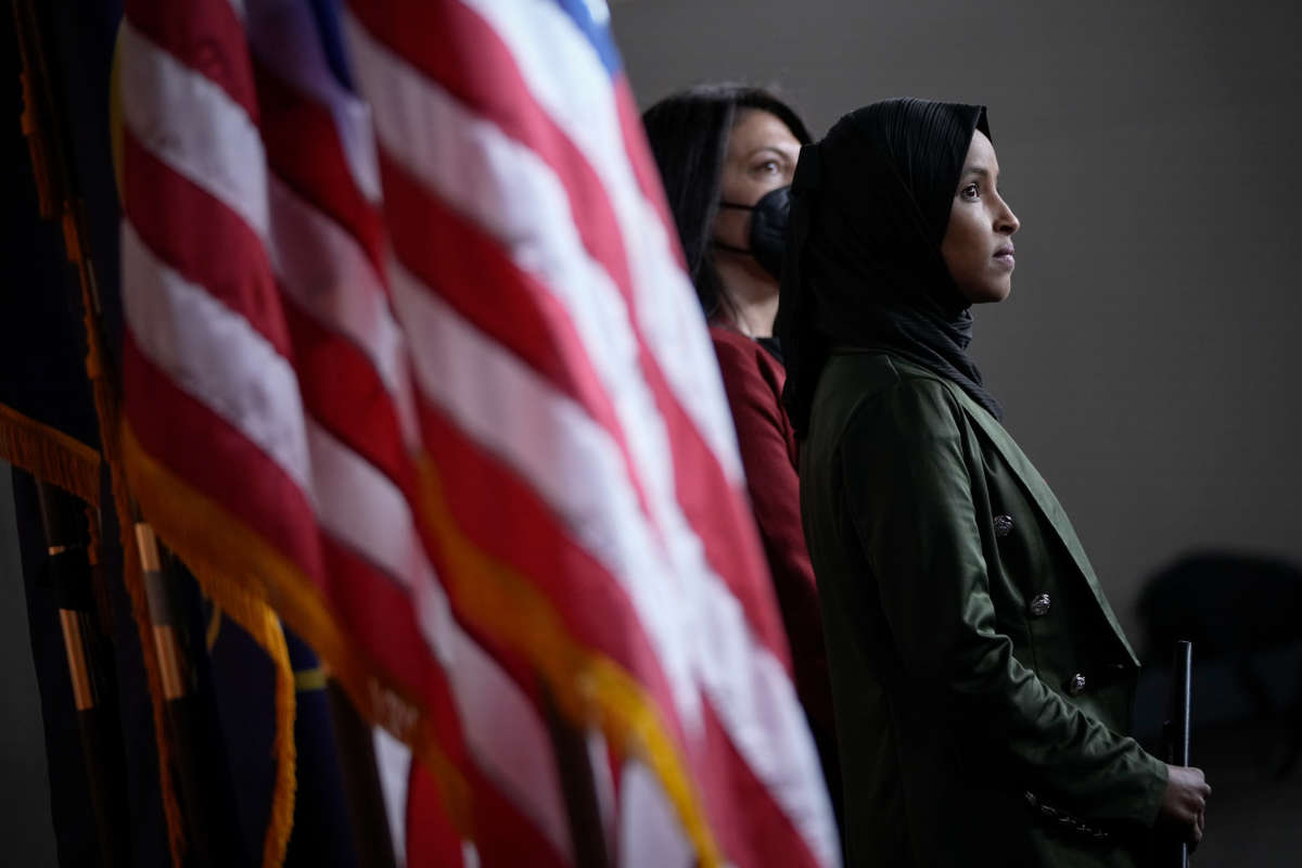 Rep. Ilhan Omar attends a news conference on Capitol Hill on November 30, 2021, in Washington, D.C.