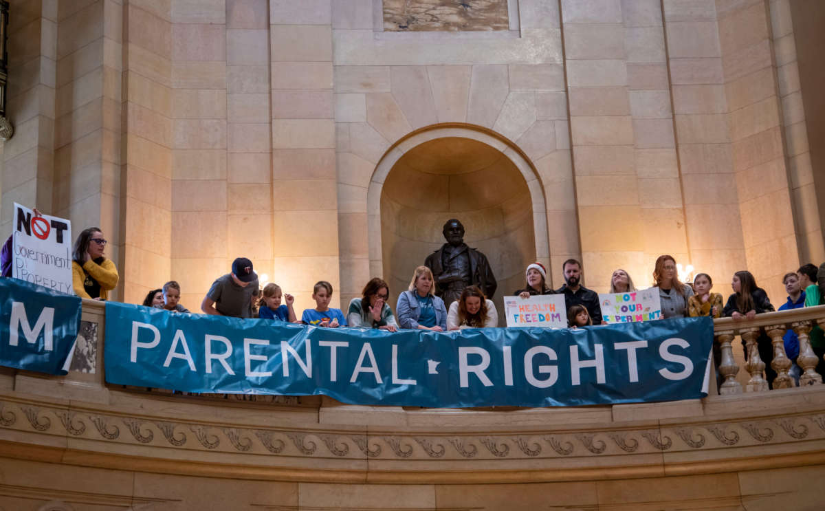A banner reading Parental Rights is seen at a rally at the Minnesota state capitol in St. Paul on February 3, 2022.