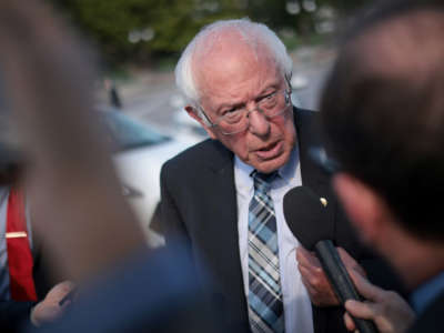 Sen. Bernie Sanders answers questions from reporters at the Capitol after meeting with President Joe Biden at the White House on July 12, 2021, in Washington, D.C.