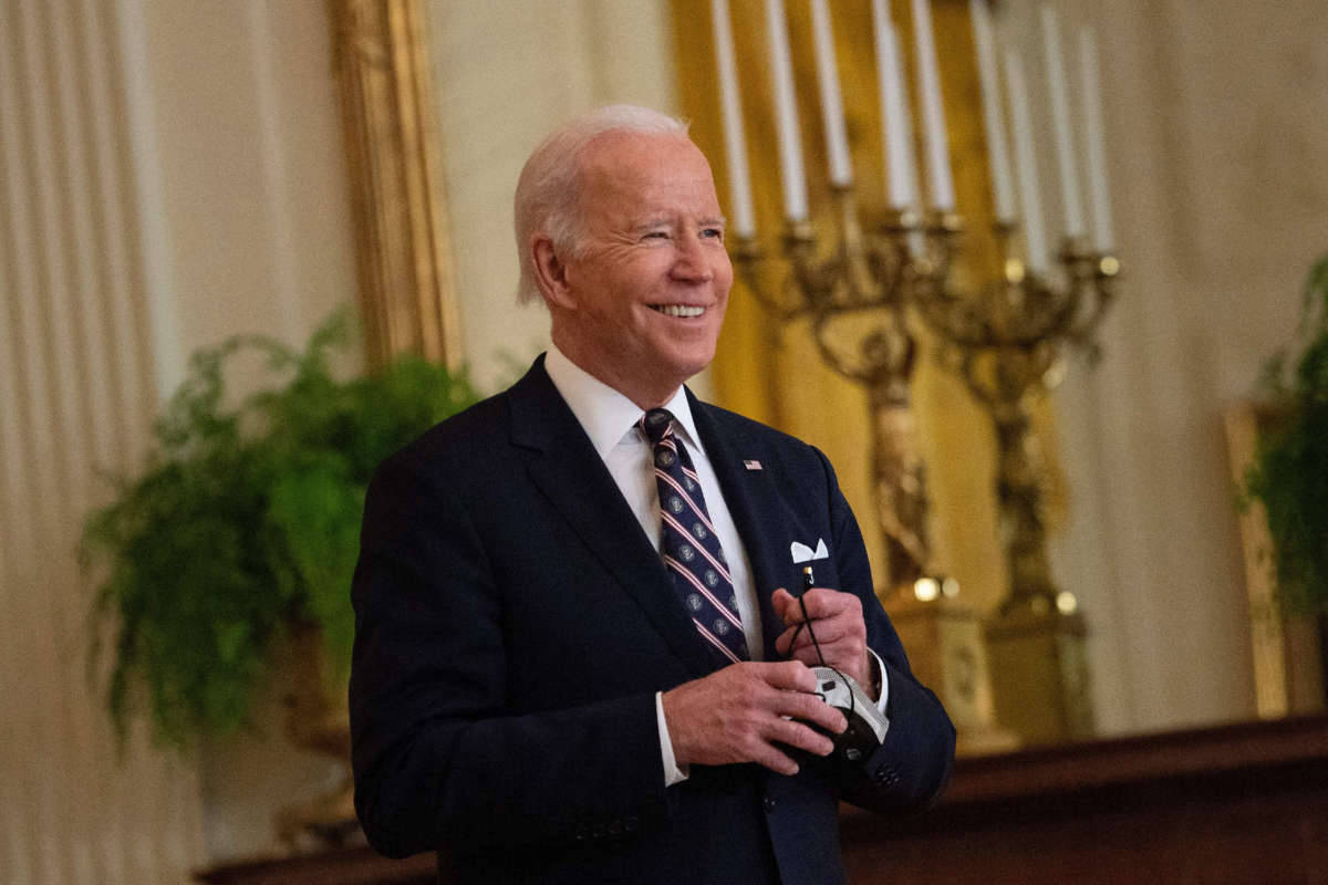 President Joe Biden arrives to speak in the East Room of the White House about Russian military activity near Ukraine February 22, 2022, in Washington, D.C.