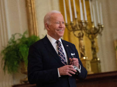 President Joe Biden arrives to speak in the East Room of the White House about Russian military activity near Ukraine February 22, 2022, in Washington, D.C.