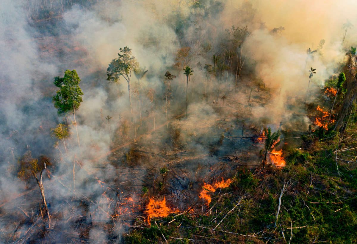 Smoke and flames rise from an illegally lit fire in an Amazon rainforest reserve, south of Novo Progresso in Para state, Brazil, on August 15, 2020.