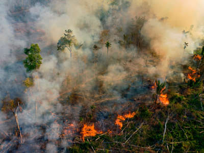 Smoke and flames rise from an illegally lit fire in an Amazon rainforest reserve, south of Novo Progresso in Para state, Brazil, on August 15, 2020.