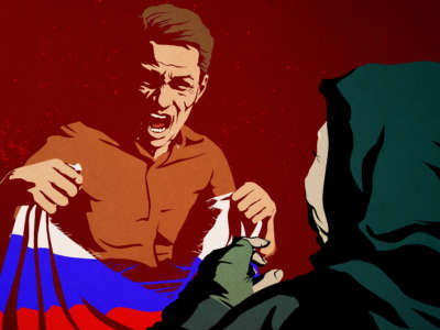 An enraged man tears up a Russian flag in front of an elderly woman