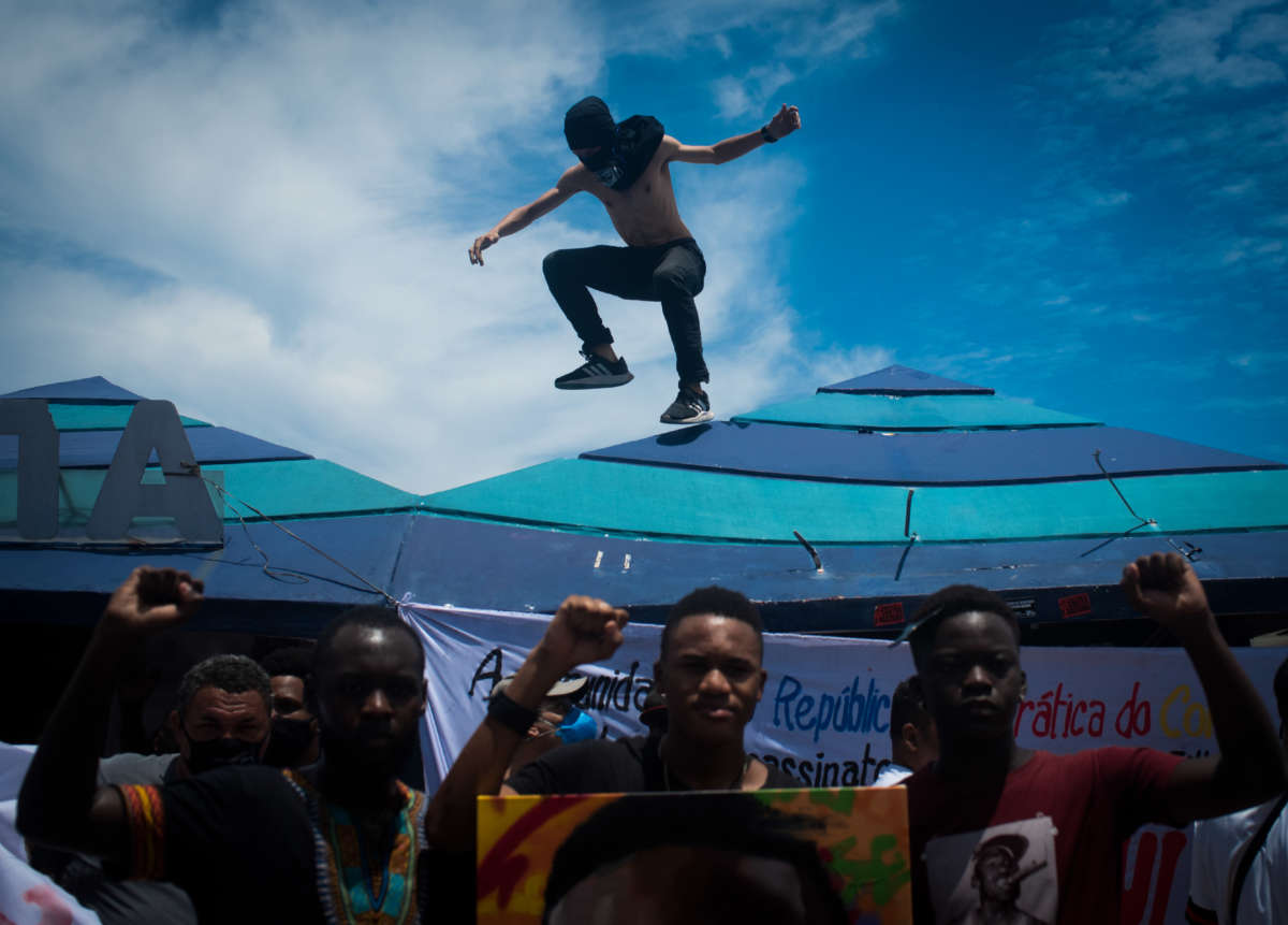 Protesters demonstrate in memory of the murder of 24-year-old Congolese Moïse Kabagambe and against violence against refugees from the Democratic Republic of Congo in Rio de Janeiro, Brazil, on February 5, 2022.