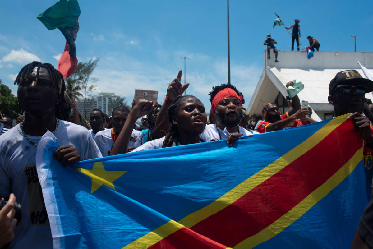 Protesters demonstrate in memory of the murder of 24-year-old Congolese Moïse Kabagambe and against violence against refugees from the Democratic Republic of Congo in Rio de Janeiro, Brazil, on February 5, 2022.