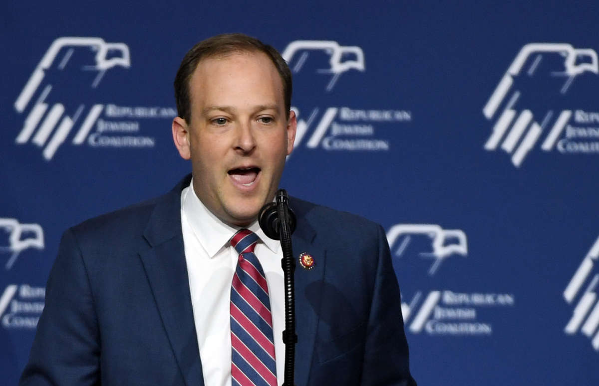 U.S. Rep. Lee Zeldin speaks during the Republican Jewish Coalition's annual leadership meeting on April 6, 2019, in Las Vegas, Nevada.