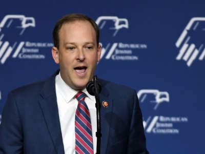 U.S. Rep. Lee Zeldin speaks during the Republican Jewish Coalition's annual leadership meeting on April 6, 2019, in Las Vegas, Nevada.