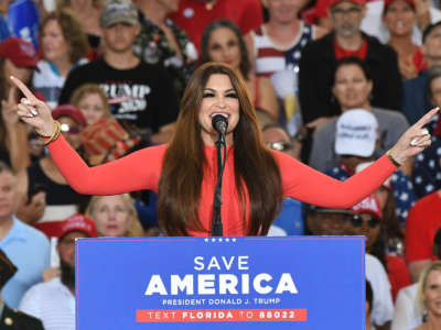 Kimberly Guilfoyle speaks before Donald Trump during a rally at the Sarasota Fairgrounds on July 3, 2021, in Sarasota, Florida, United States.
