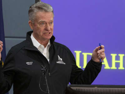 Gov. Brad Little at a March 2020 news conference at Gowen Field, headquarters of the Idaho Army National Guard in Boise, Idaho.