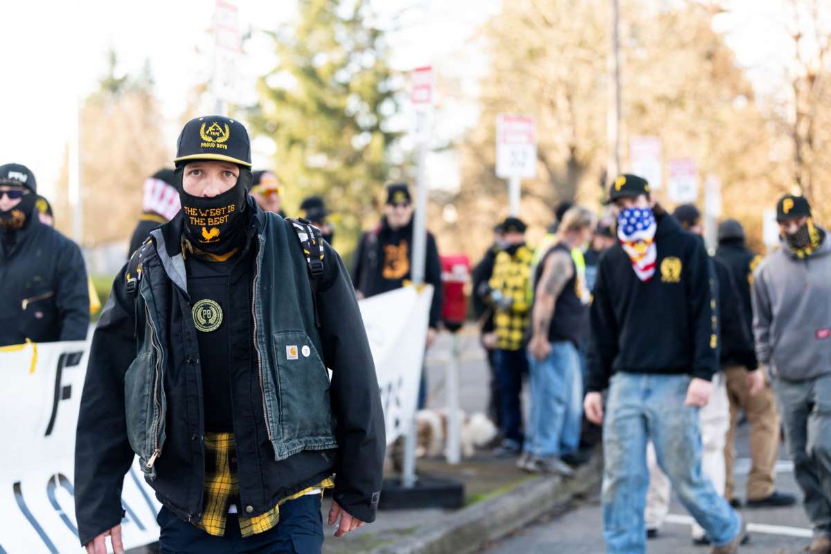 Members of the Proud Boys are seen in front of the Oregon state capitol during a far right rally on January 8, 2022, in Salem, Oregon.