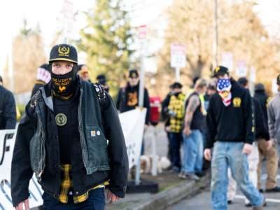 Members of the Proud Boys are seen in front of the Oregon state capitol during a far right rally on January 8, 2022, in Salem, Oregon.