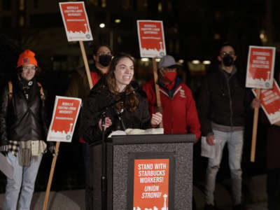 Starbucks Barista Casey Moore, part of the organizing committee in Buffalo, New York, speaks in support of workers at Seattle Starbucks locations that announced plans to unionize, during a rally at Cal Anderson Park in Seattle, Washington, on January 25, 2022.