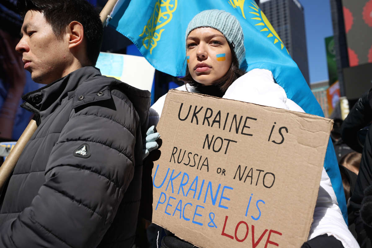 Hundreds of anti-war protesters are gathered at the Times Square in New York City, United States on February 26, 2022, to protest against Russian attacks on Ukraine.