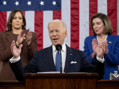 President Joe Biden delivers the State of the Union address as Vice President Kamala Harris and House Speaker Nancy Pelosi look on during a joint session of Congress in the U.S. Capitol House Chamber on March 1, 2022, in Washington, D.C.