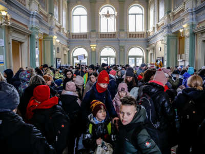 Ukrainian refugees arrive at the railway station in Przemyśl, Poland, on March 3, 2022.