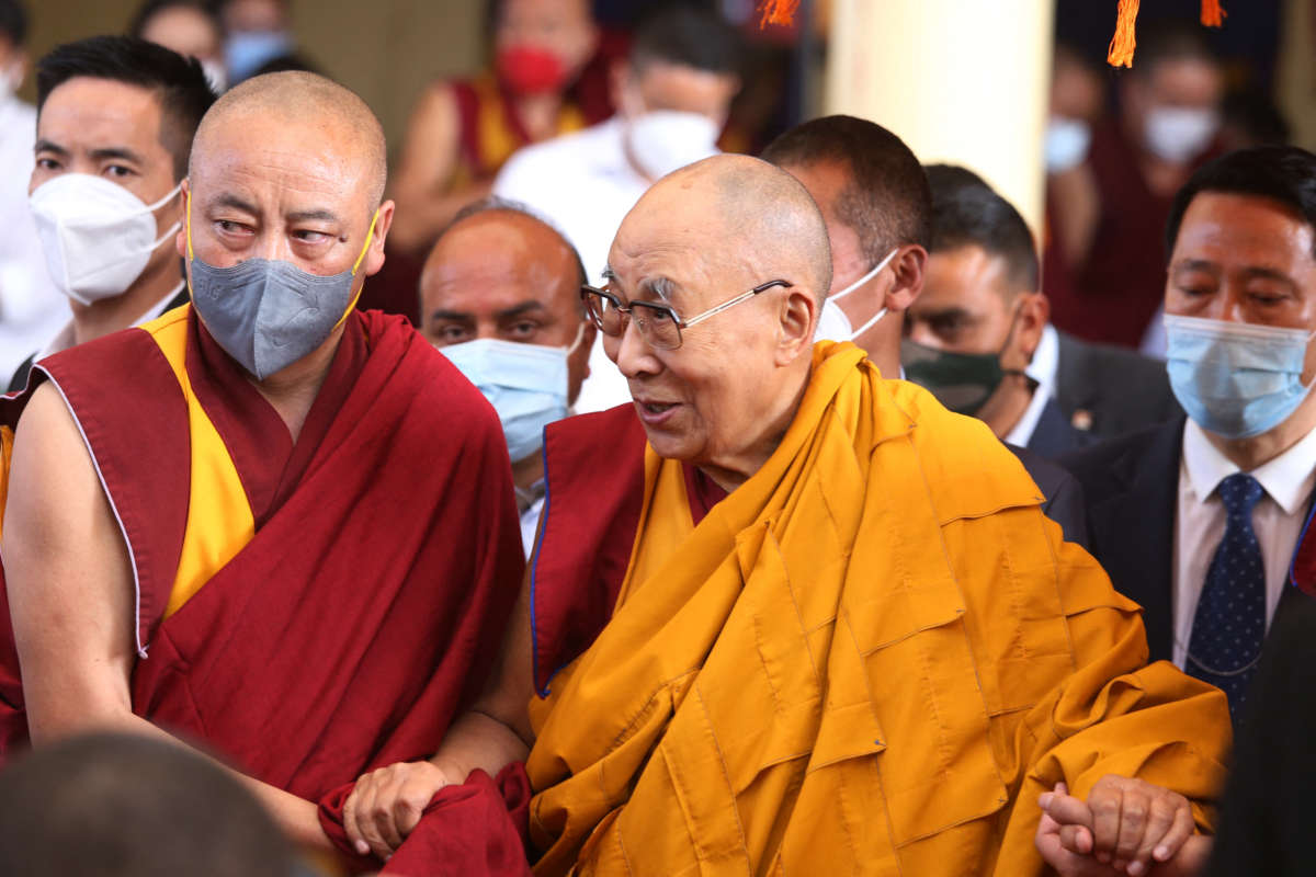 Tibetan spiritual leader Dalai Lama arrives at a Buddhist temple near Dharamsala, India, on March 18, 2022.