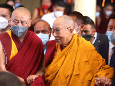 Tibetan spiritual leader Dalai Lama arrives at a Buddhist temple near Dharamsala, India, on March 18, 2022.