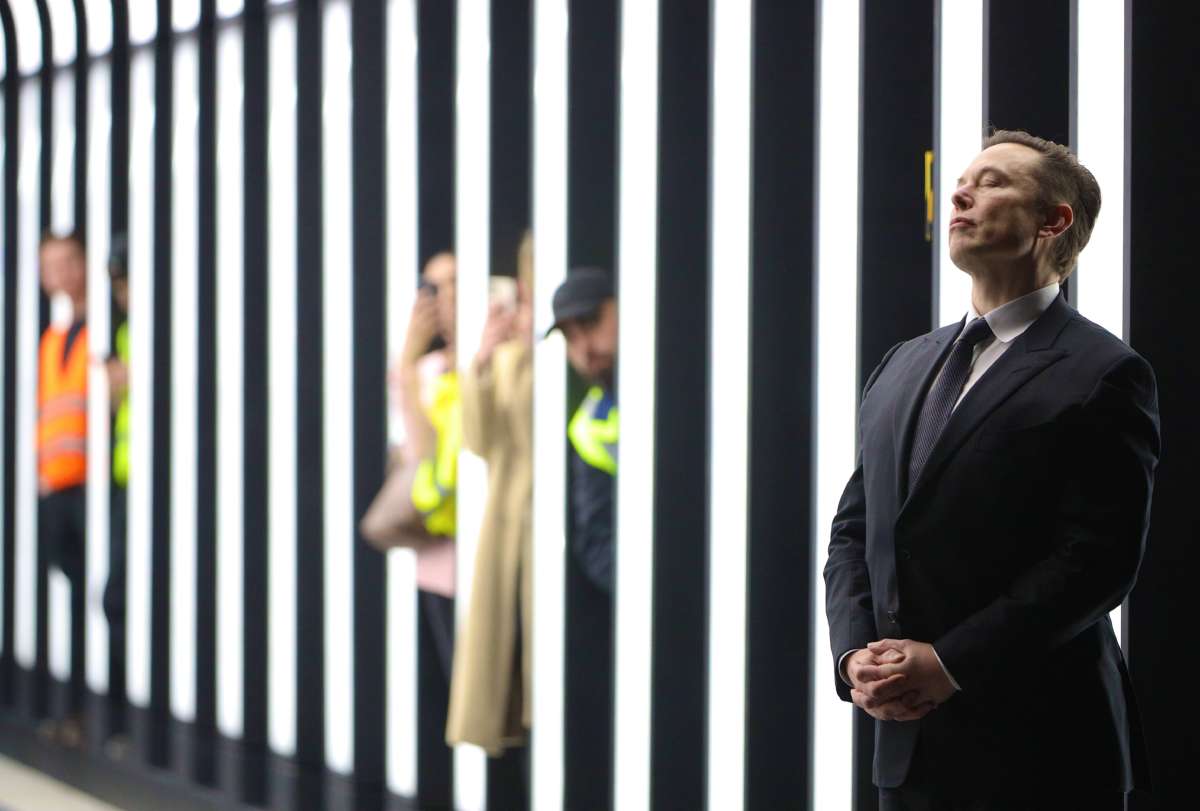 Tesla CEO Elon Musk poses during the official opening of a new Tesla electric car manufacturing plant on March 22, 2022, near Grünheide, Germany.