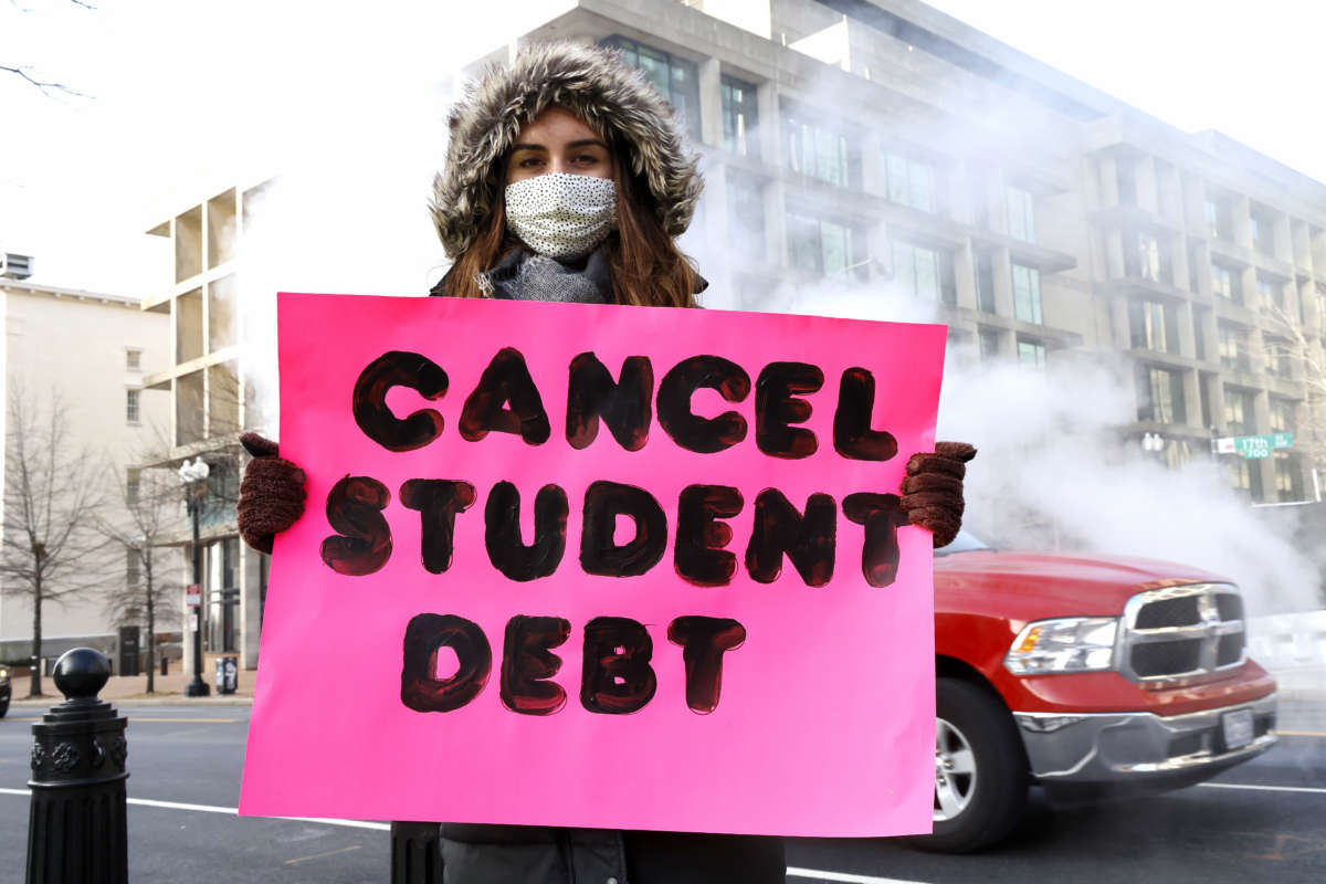 Student debt borrowers demand President Biden cancel student loan debt during a demonstration outside the White House on February 16, 2022, in Washington, D.C.