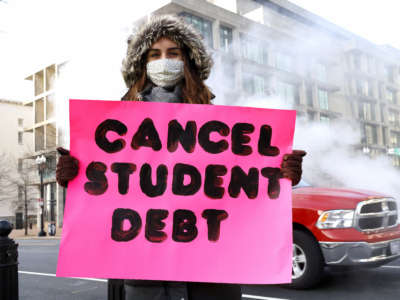 Student debt borrowers demand President Biden cancel student loan debt during a demonstration outside the White House on February 16, 2022, in Washington, D.C.