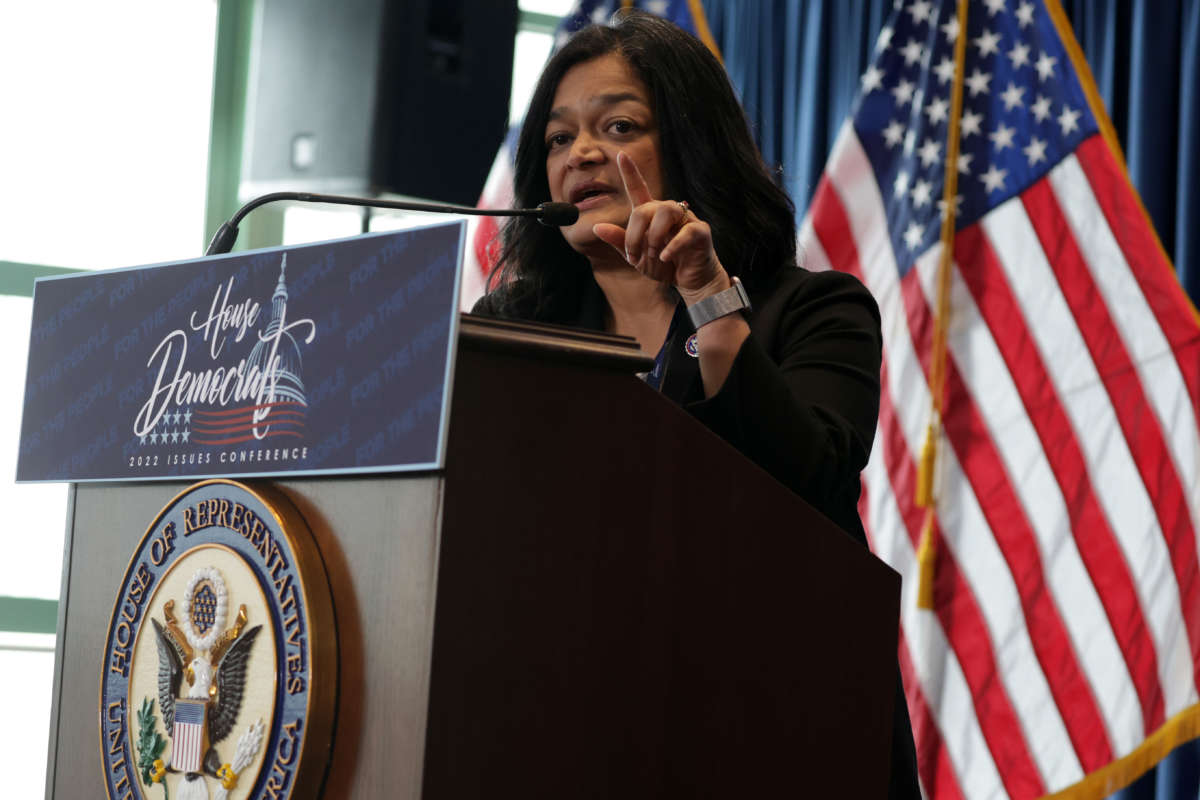 Rep. Pramila Jayapal, chair of Congressional Progressive Caucus, speaks during a news briefing at the 2022 House Democratic Caucus Issues Conference on March 10, 2022, in Philadelphia, Pennsylvania.