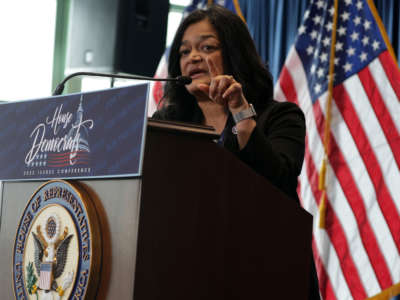 Rep. Pramila Jayapal, chair of Congressional Progressive Caucus, speaks during a news briefing at the 2022 House Democratic Caucus Issues Conference on March 10, 2022, in Philadelphia, Pennsylvania.